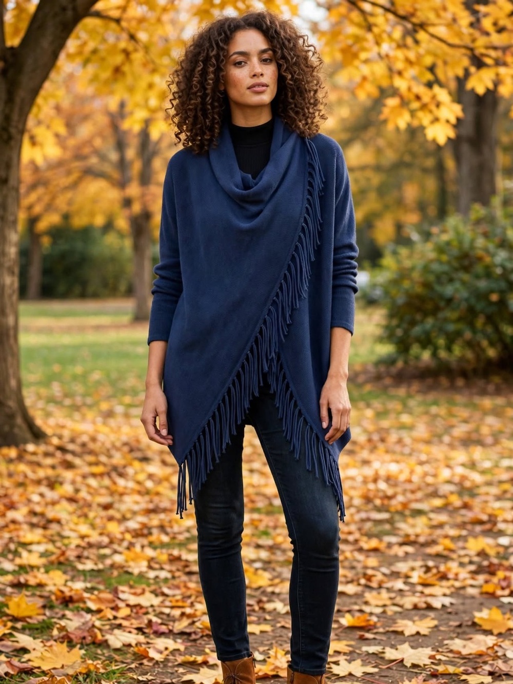 Chico’s Size 0 Navy Asymmetrical Fringe Wrap Cardigan Sweater